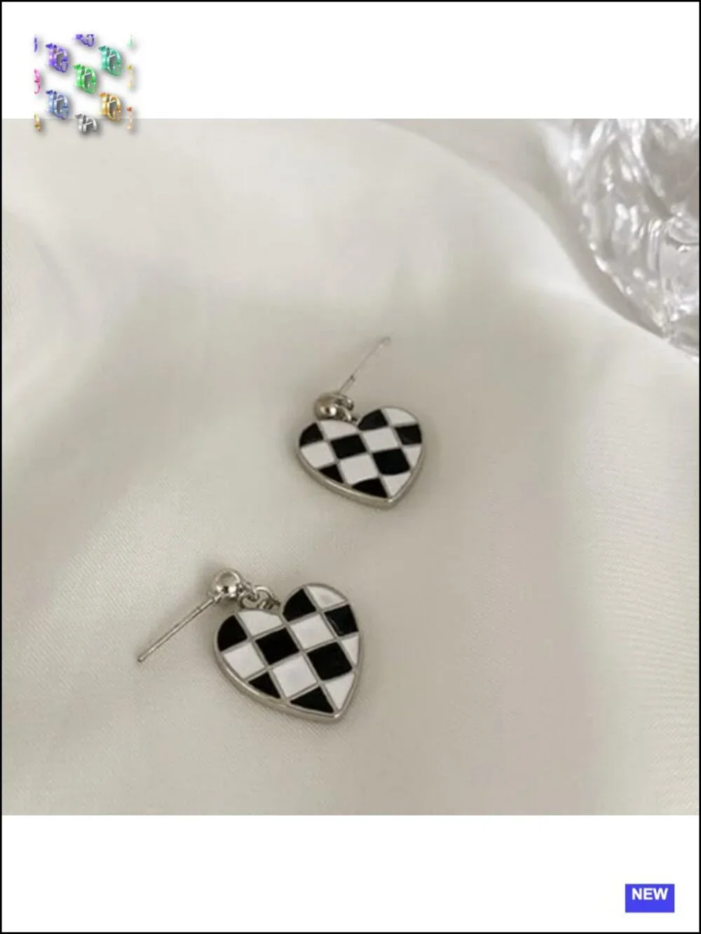 Heart Drop Dangle Earrings Geometric Checkerboard Pattern Statement Lightweight
